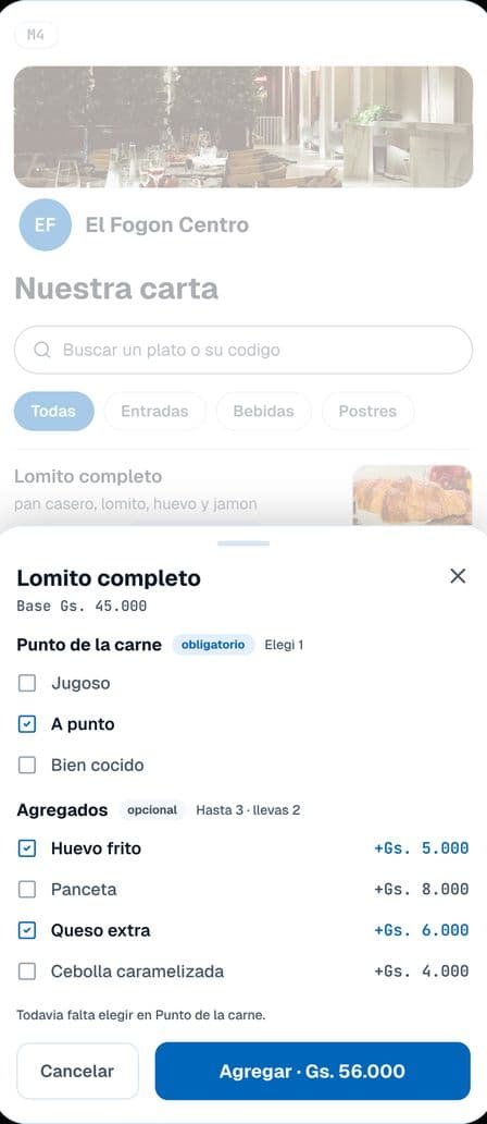 Phone screen building a dish with its options and add-ons