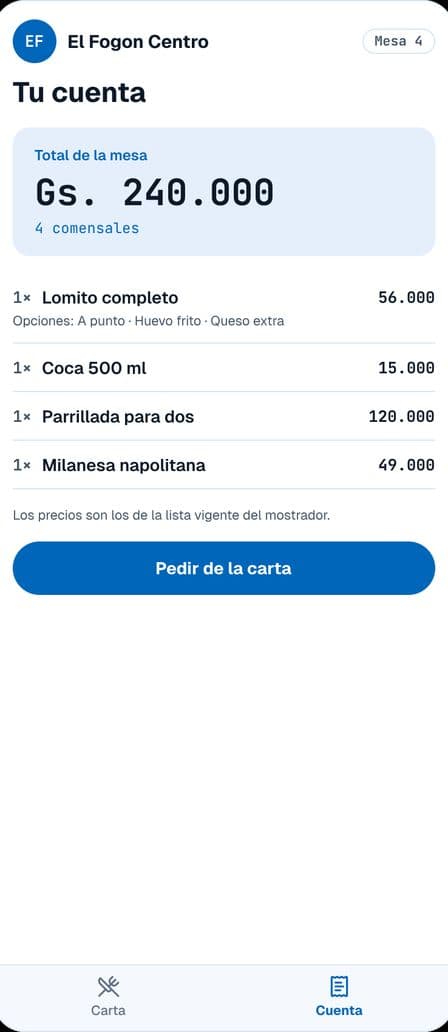 Phone screen showing the table's bill and the amount due