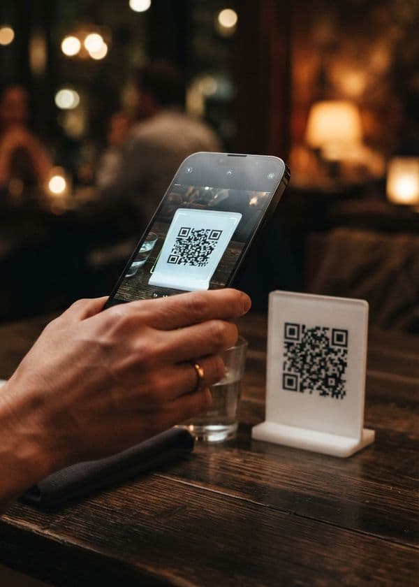 A hand holds a phone scanning the table's QR code at a restaurant